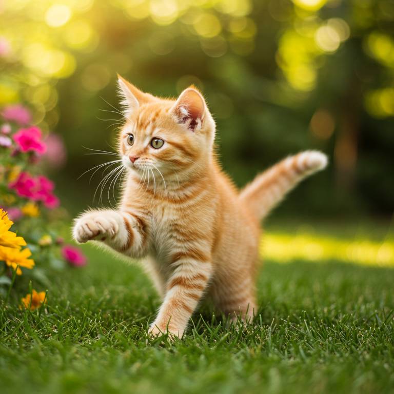 Happy cat playing with garden flowers