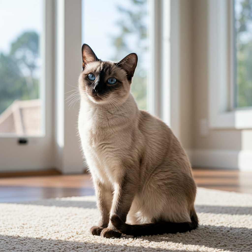 Cute siamese cat sitting down enjoying the sunlight