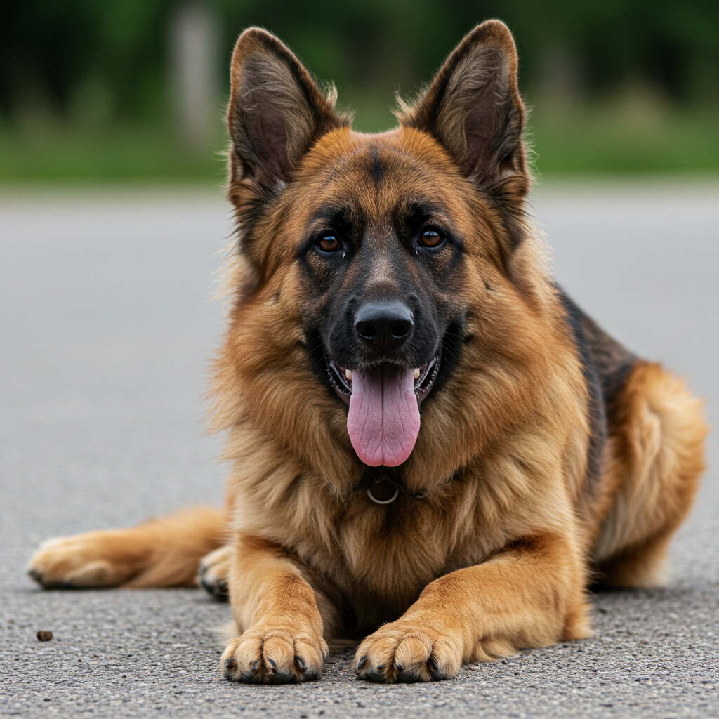 german shepherd having some rest in the street
