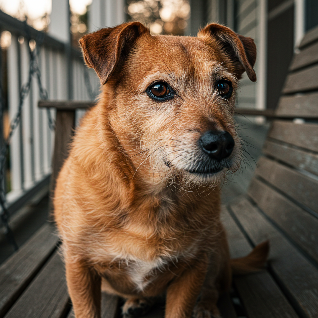 cute old dog sitting in a wooden bench