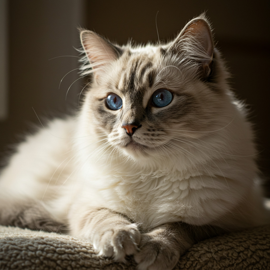 blue-eyed white cat laying down