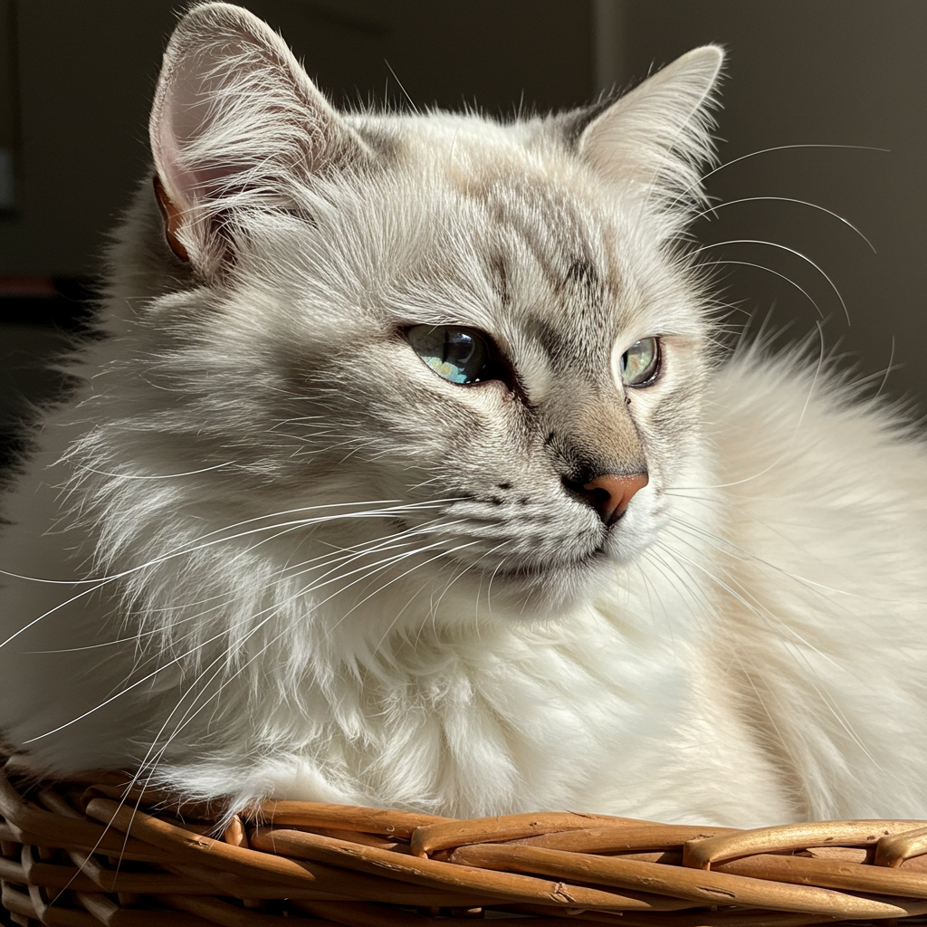 Cute white cat resting inside a basket