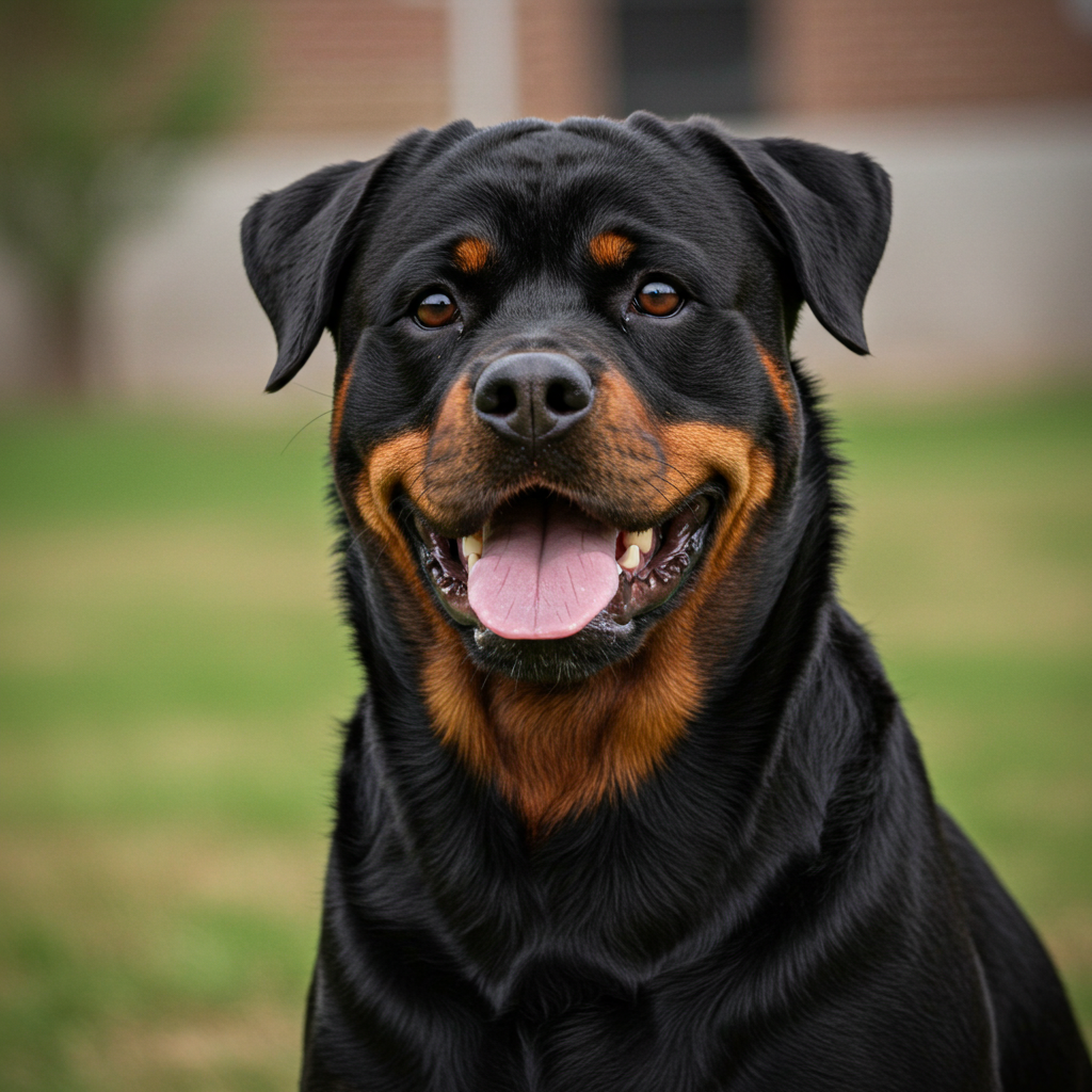 smiling rottweiler dog at the backyard