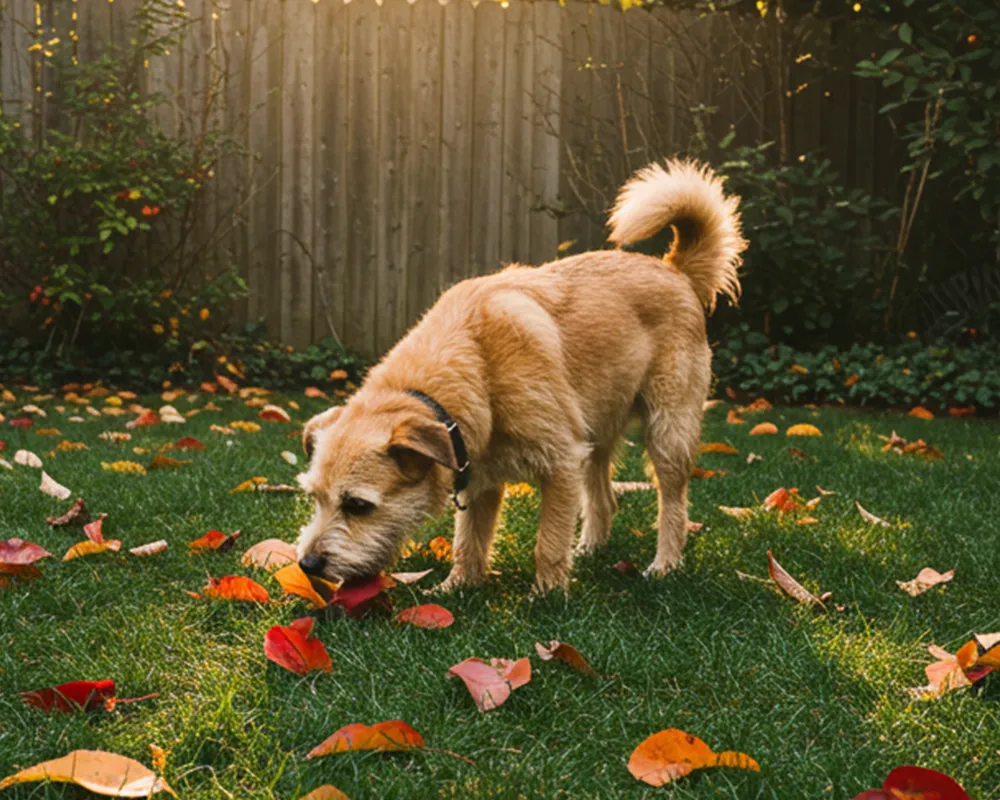 A tan dog sniffing fallen leaves on a grassy lawn with a wooden fence in the background.