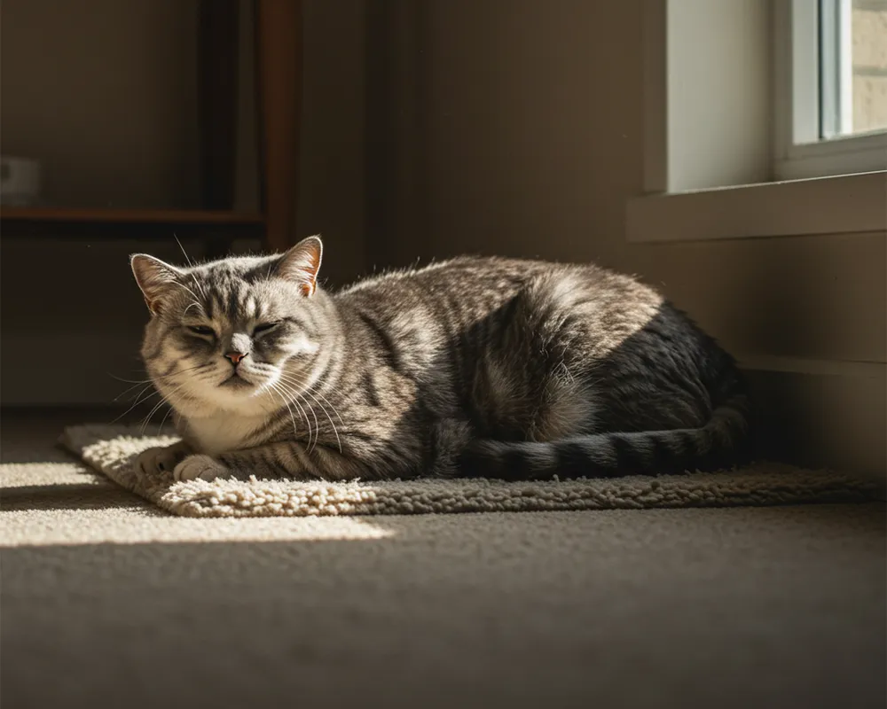 Tabby cat squinting in a sunlit room, lying on a carpet.