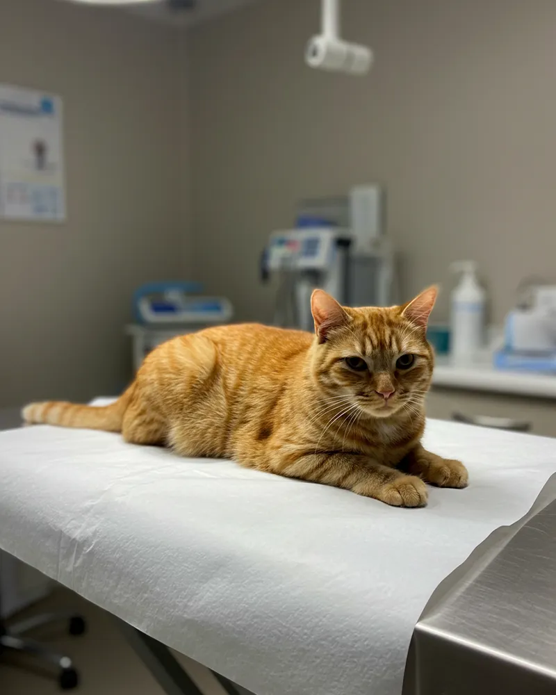 Orange tabby cat resting on a veterinary clinic table.