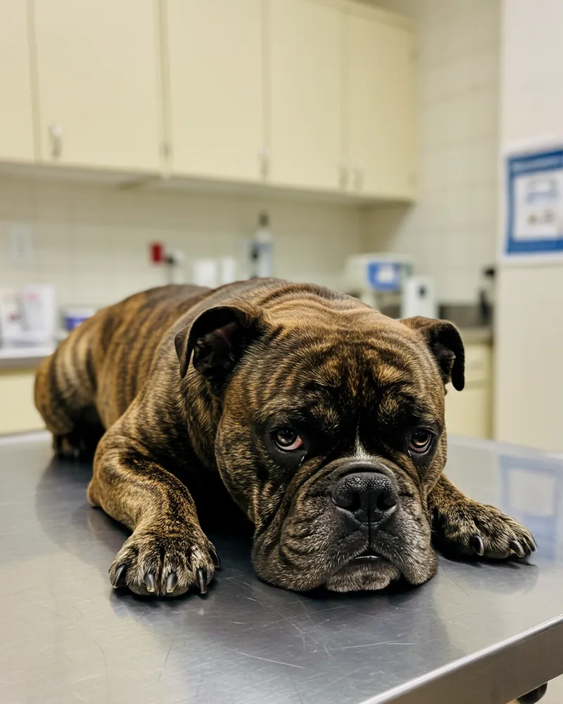 Brindle bulldog lying on a metallic surface, looking directly at the camera.