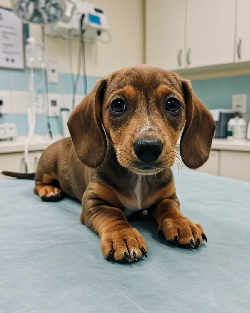 Brown dachshund puppy lying on a vet's examination table.