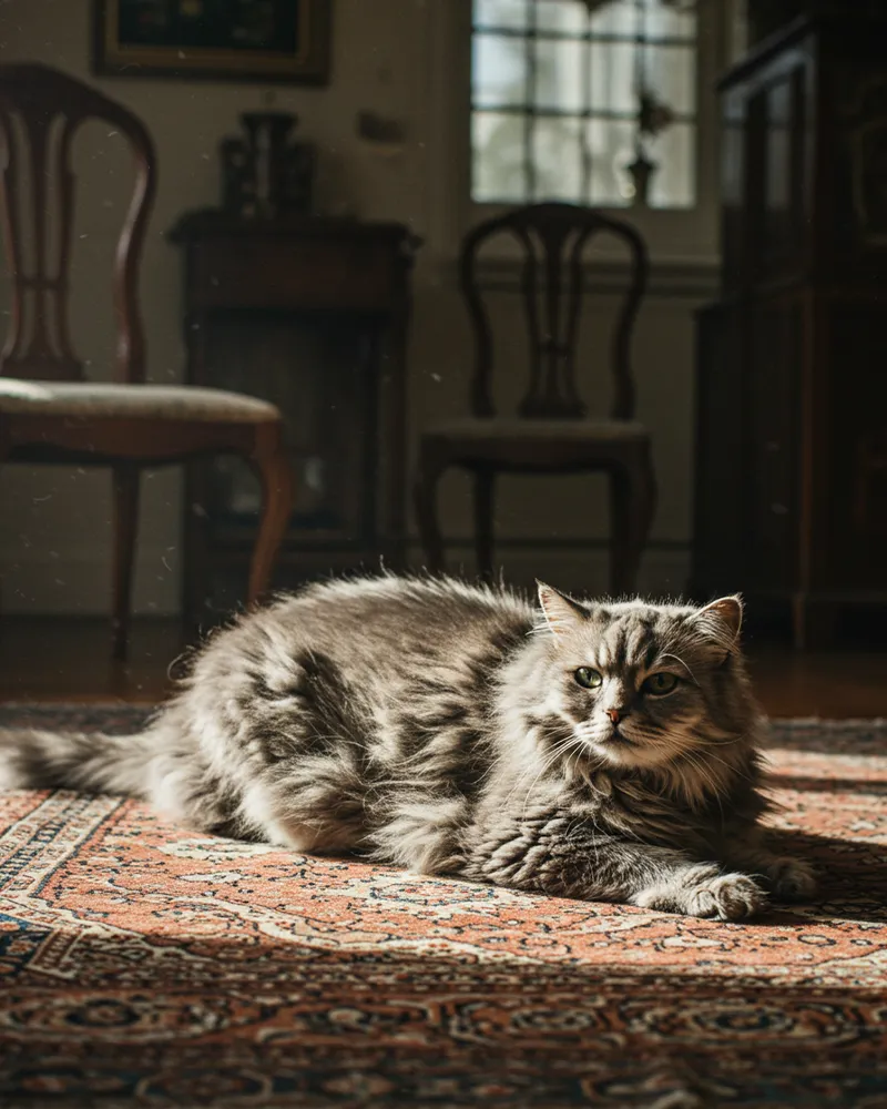 Fluffy tabby cat reclining on an ornate rug, with sunlight streaming in.