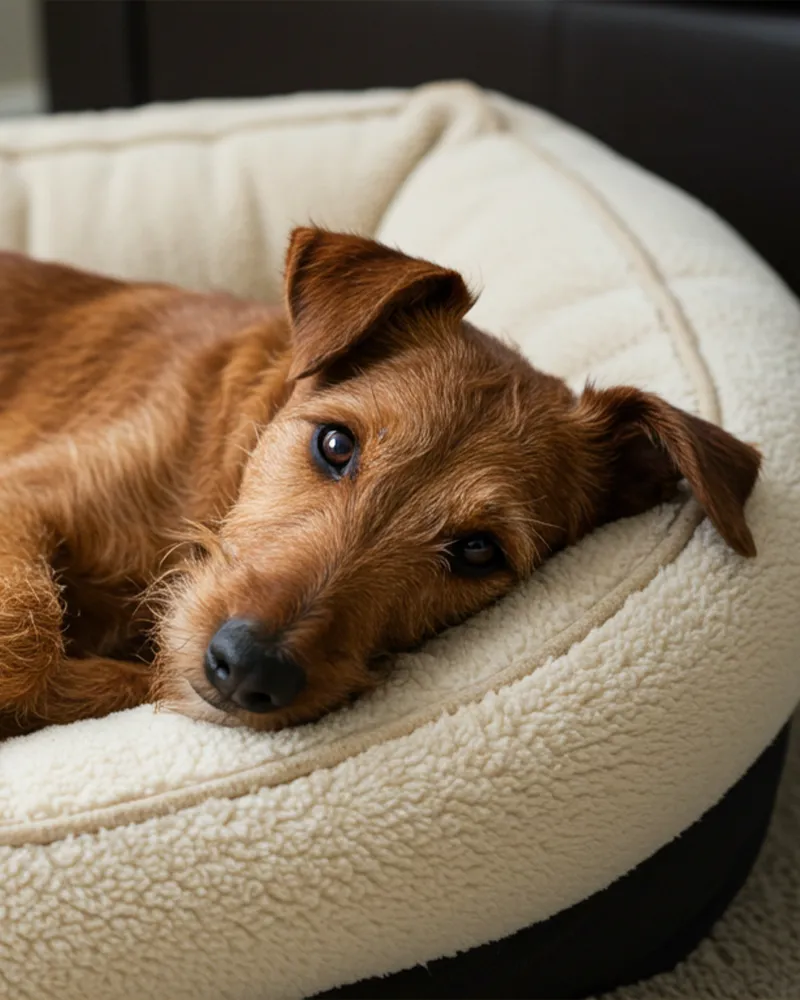 Brown dog with soft eyes lying in a cozy cream-colored bed.