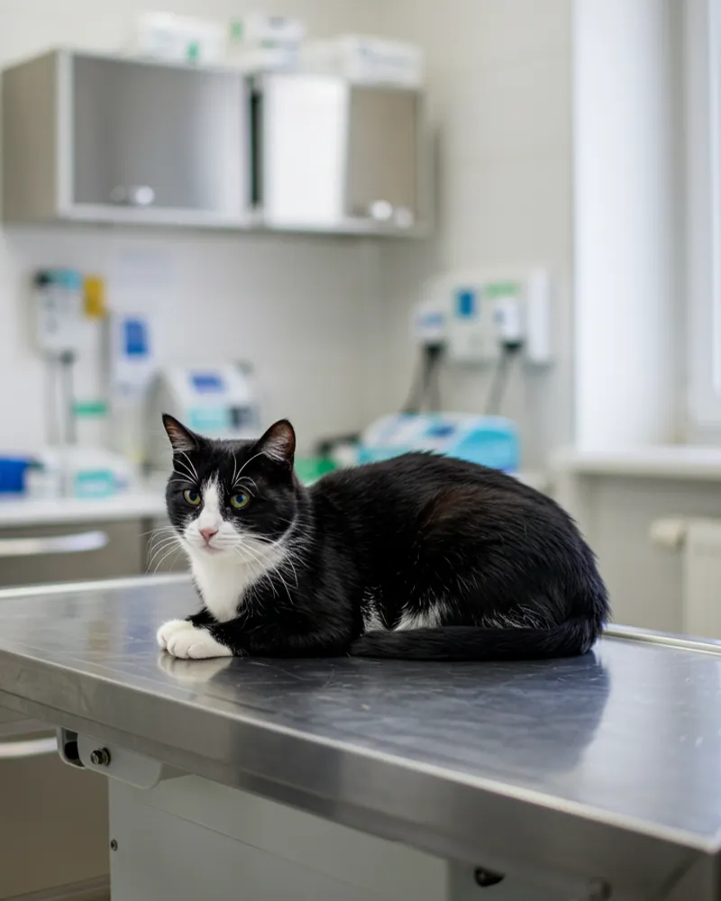 Black and white cat sitting on a metal table in a vet's office.
