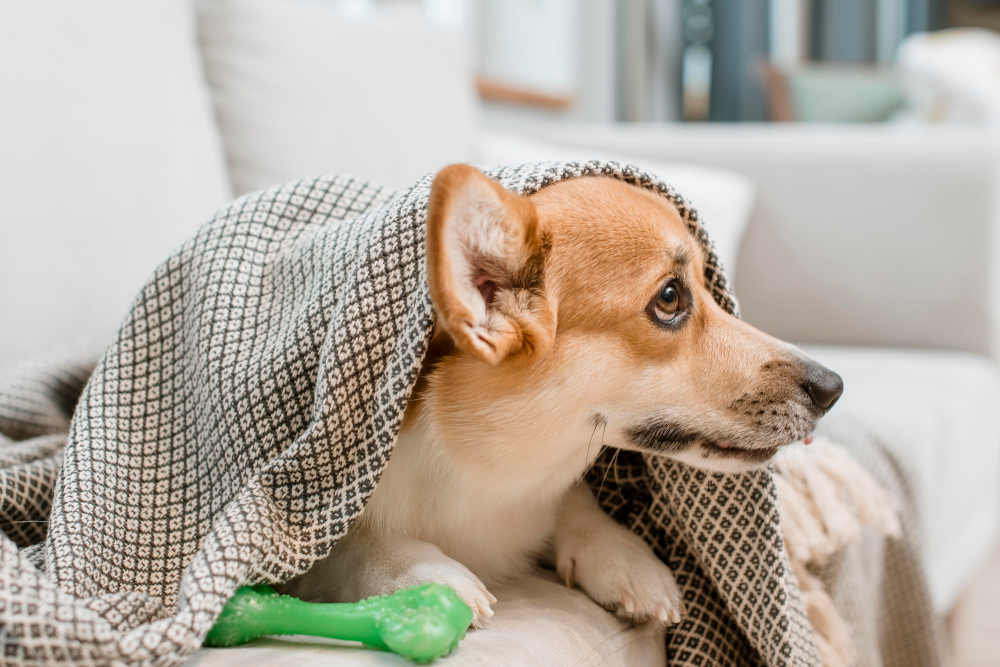 Corgi covered with a blanket on a couch, looking aside with a toy nearby.